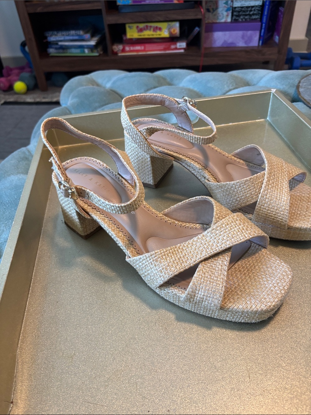 Kelly & Katie Cream Woven Crisscross Block Heel Sandals